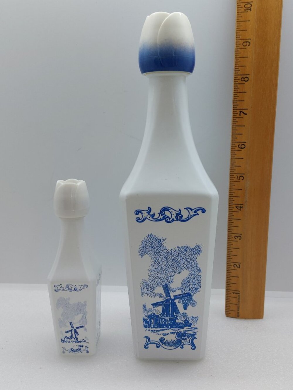 2 Vintage Vandermint Decanter Empty Bottle White Milk Glass Blue Windmill - Picture 2 of 11